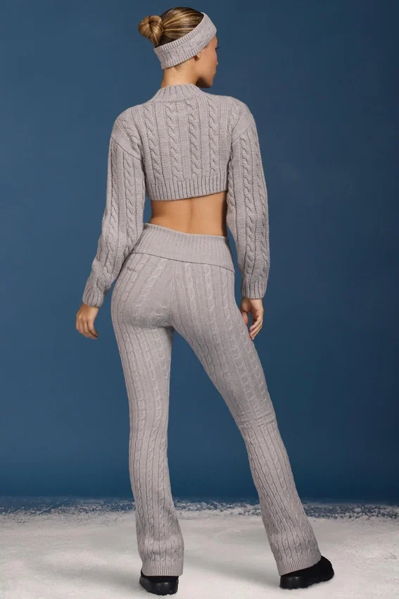 Cable Knit Foldover Flared Trousers in Grey Marl Cable Knit Foldover Flared Trousers in Grey Marl