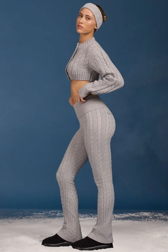 Cable Knit Foldover Flared Trousers in Grey Marl Cable Knit Foldover Flared Trousers in Grey Marl