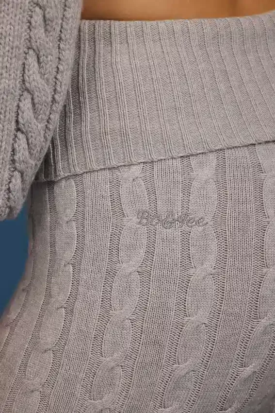 Cable Knit Foldover Flared Trousers in Grey Marl Cable Knit Foldover Flared Trousers in Grey Marl