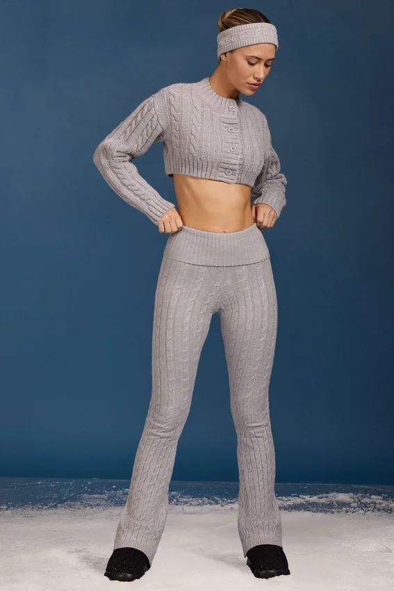 Cable Knit Foldover Flared Trousers in Grey Marl Cable Knit Foldover Flared Trousers in Grey Marl