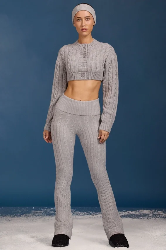 Cable Knit Foldover Flared Trousers in Grey Marl Cable Knit Foldover Flared Trousers in Grey Marl