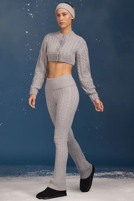 Cable Knit Foldover Flared Trousers in Grey Marl Cable Knit Foldover Flared Trousers in Grey Marl