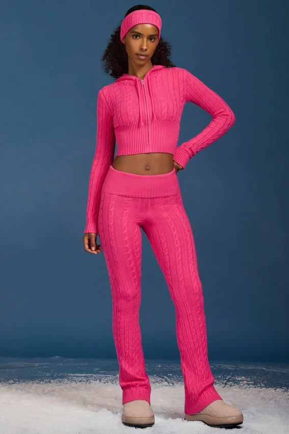 Cable Knit Foldover Flared Trousers in Hot Pink Cable Knit Foldover Flared Trousers in Hot Pink