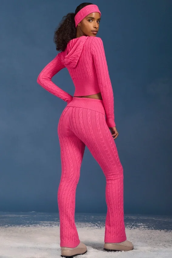 Cable Knit Foldover Flared Trousers in Hot Pink Cable Knit Foldover Flared Trousers in Hot Pink