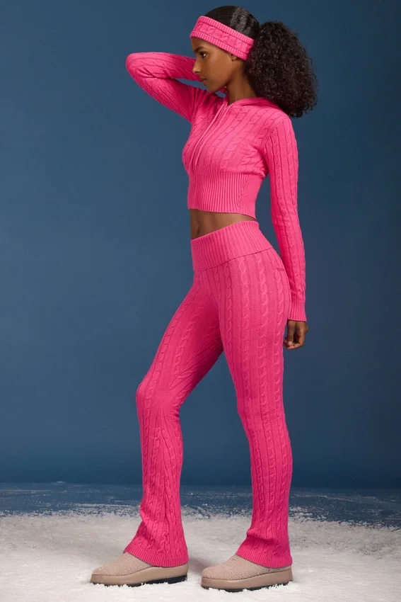 Cable Knit Foldover Flared Trousers in Hot Pink Cable Knit Foldover Flared Trousers in Hot Pink