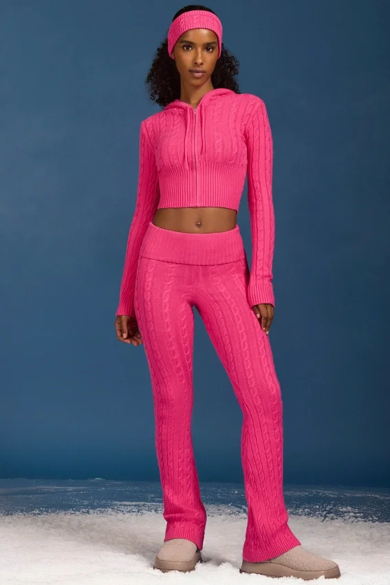 Cable Knit Foldover Flared Trousers in Hot Pink Cable Knit Foldover Flared Trousers in Hot Pink