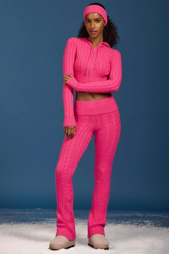 Cable Knit Foldover Flared Trousers in Hot Pink Cable Knit Foldover Flared Trousers in Hot Pink