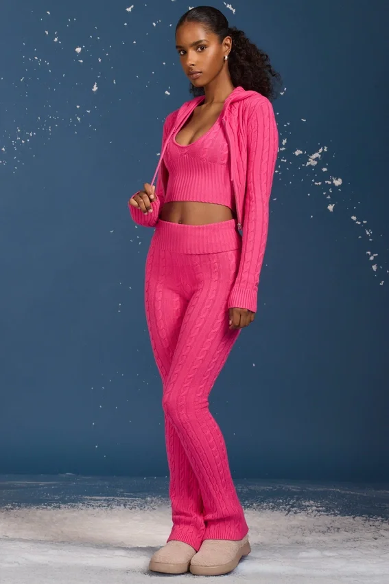 Cable Knit Foldover Flared Trousers in Hot Pink Cable Knit Foldover Flared Trousers in Hot Pink