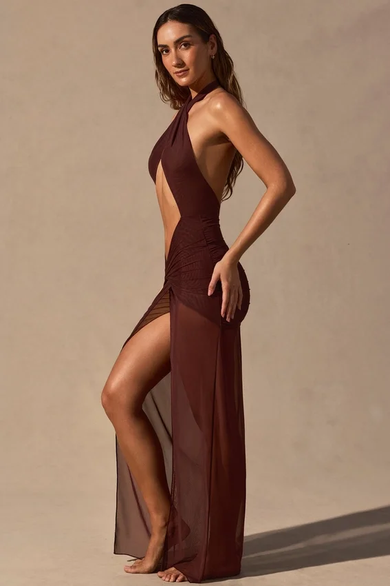 Caicos Cut-Out Halterneck Maxi Dress in Espresso Brown Caicos Cut-Out Halterneck Maxi Dress in Espresso Brown