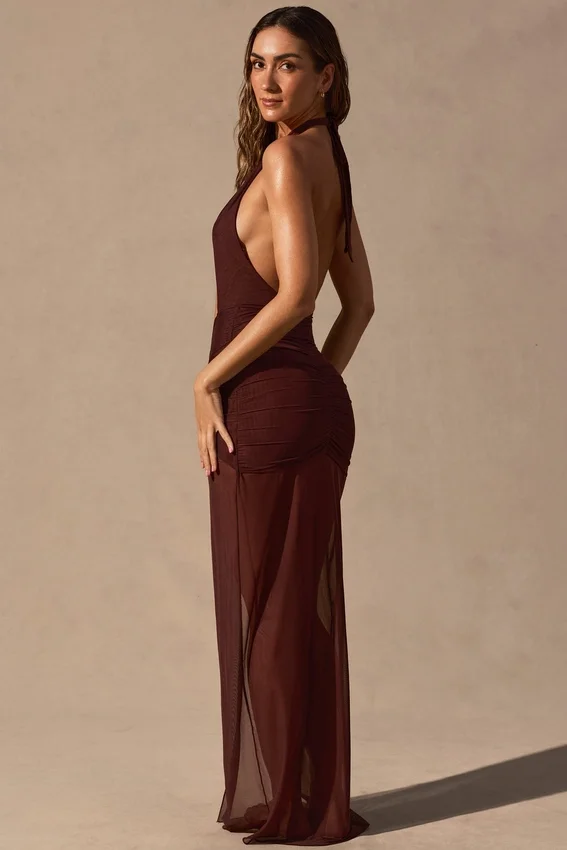 Caicos Cut-Out Halterneck Maxi Dress in Espresso Brown Caicos Cut-Out Halterneck Maxi Dress in Espresso Brown
