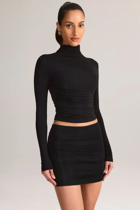 Cali Modal Ruched Mid-Rise Mini Skirt in Black Cali Modal Ruched Mid-Rise Mini Skirt in Black