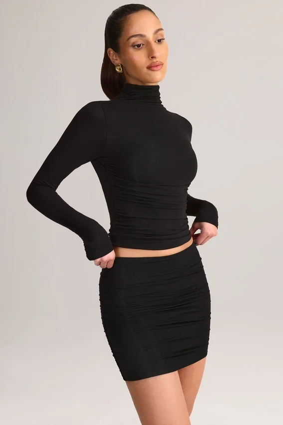 Cali Modal Ruched Mid-Rise Mini Skirt in Black Cali Modal Ruched Mid-Rise Mini Skirt in Black