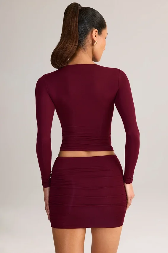 Cali Modal Ruched Mid-Rise Mini Skirt in Wine Red Cali Modal Ruched Mid-Rise Mini Skirt in Wine Red