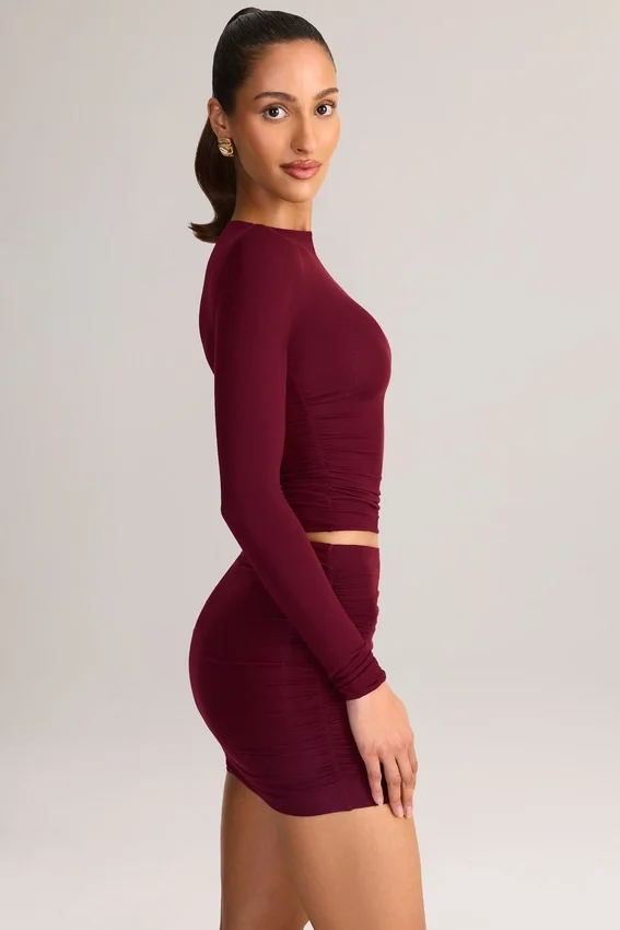 Cali Modal Ruched Mid-Rise Mini Skirt in Wine Red Cali Modal Ruched Mid-Rise Mini Skirt in Wine Red