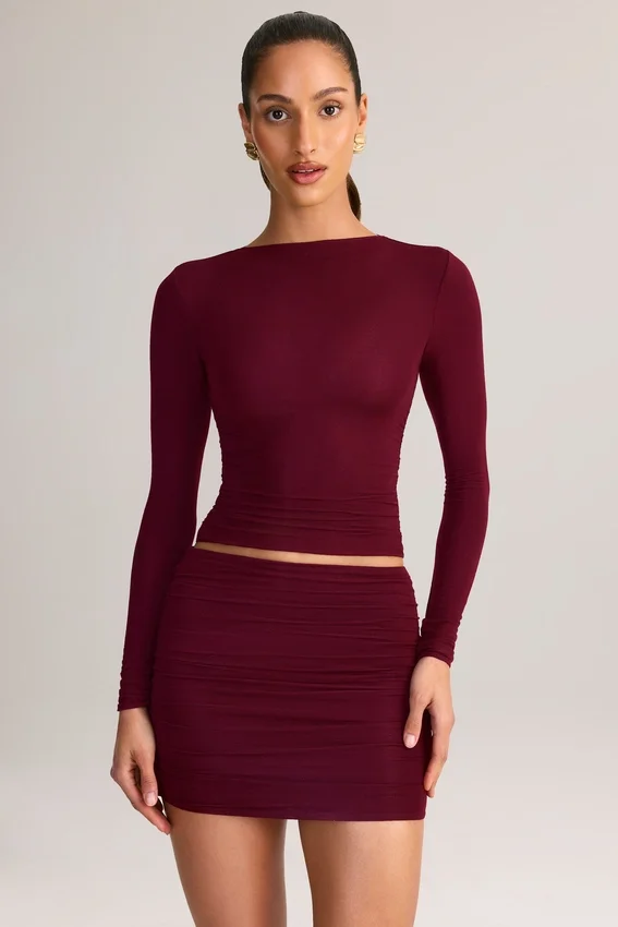 Cali Modal Ruched Mid-Rise Mini Skirt in Wine Red Cali Modal Ruched Mid-Rise Mini Skirt in Wine Red