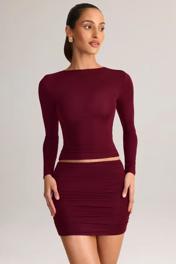 Cali Modal Ruched Mid-Rise Mini Skirt in Wine Red Cali Modal Ruched Mid-Rise Mini Skirt in Wine Red