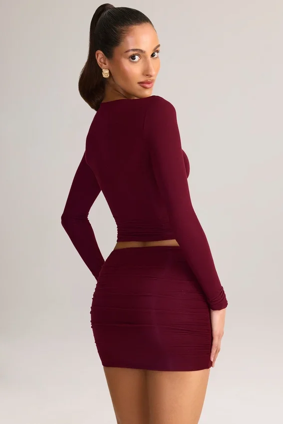 Cali Modal Ruched Mid-Rise Mini Skirt in Wine Red Cali Modal Ruched Mid-Rise Mini Skirt in Wine Red
