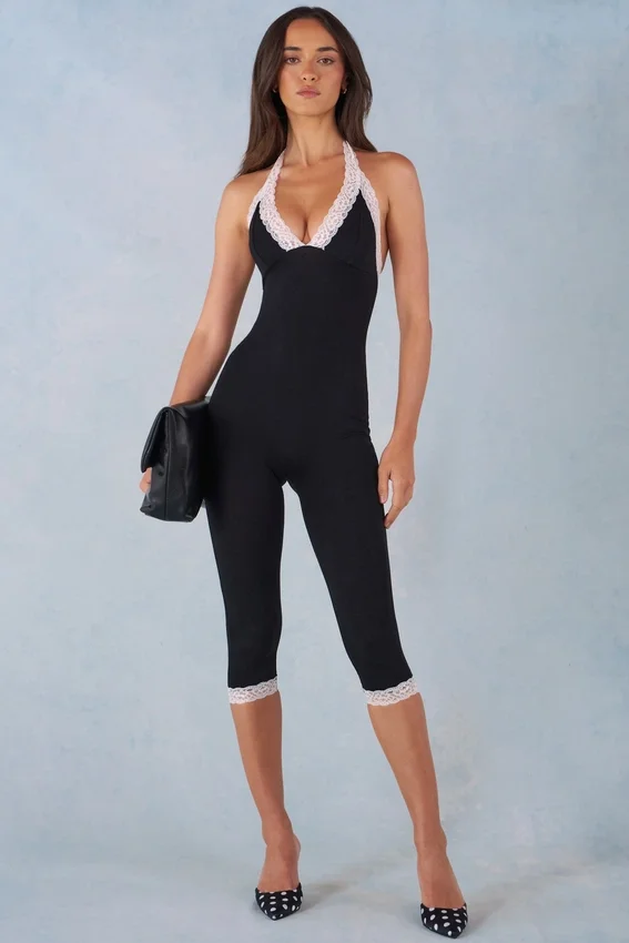 Calla Modal Lace-Trim Capri Jumpsuit in Black Calla Modal Lace-Trim Capri Jumpsuit in Black