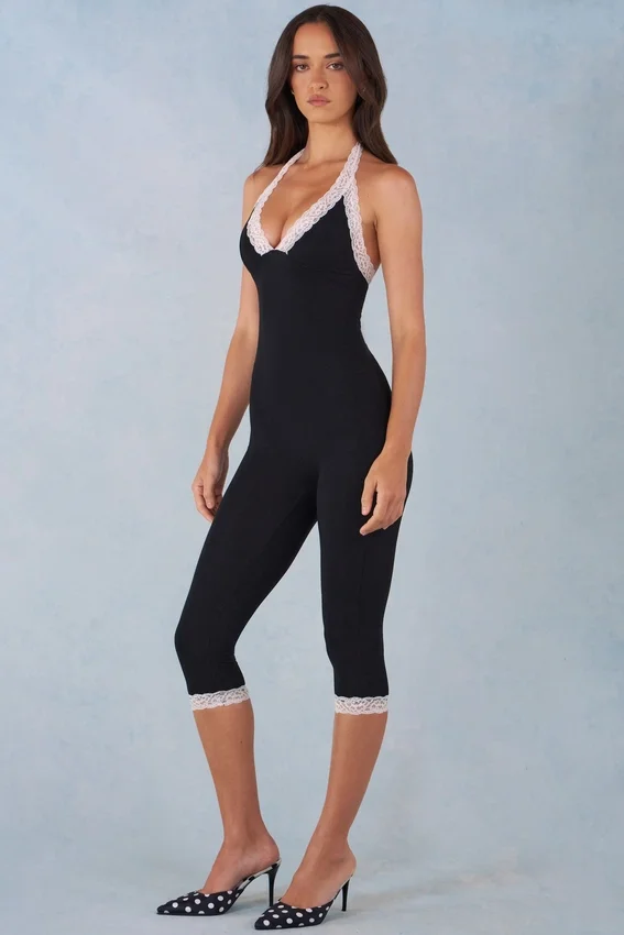 Calla Modal Lace-Trim Capri Jumpsuit in Black Calla Modal Lace-Trim Capri Jumpsuit in Black
