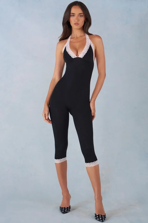 Calla Modal Lace-Trim Capri Jumpsuit in Black Calla Modal Lace-Trim Capri Jumpsuit in Black