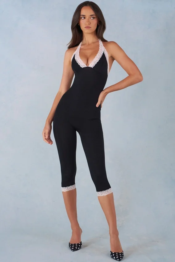 Calla Modal Lace-Trim Capri Jumpsuit in Black Calla Modal Lace-Trim Capri Jumpsuit in Black