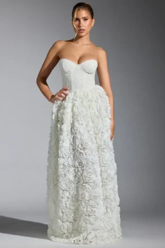 Camellia Embellished Floral-Appliqué Corset Gown in White Camellia Embellished Floral-Appliqué Corset Gown in White