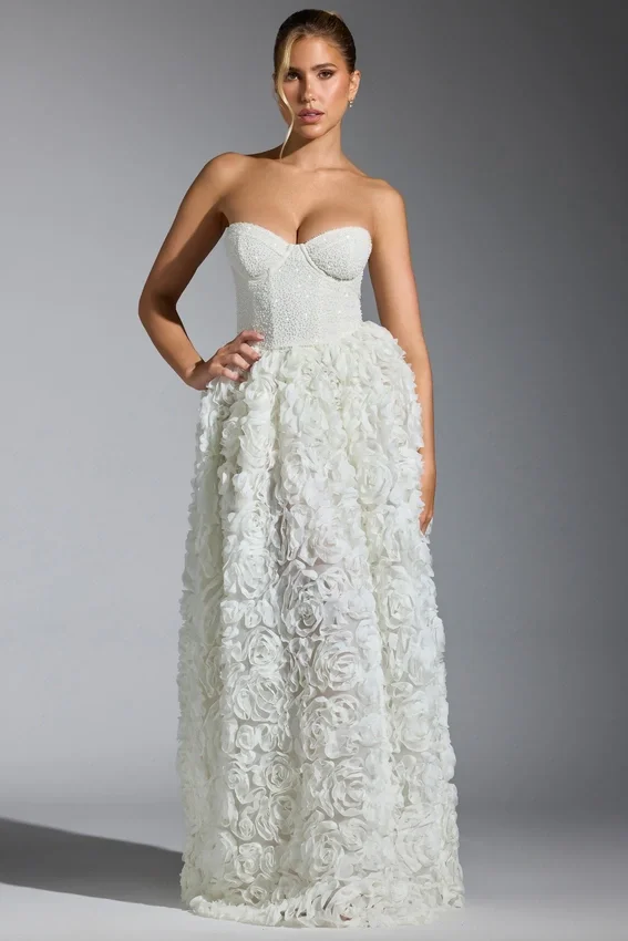 Camellia Embellished Floral-Appliqué Corset Gown in White Camellia Embellished Floral-Appliqué Corset Gown in White