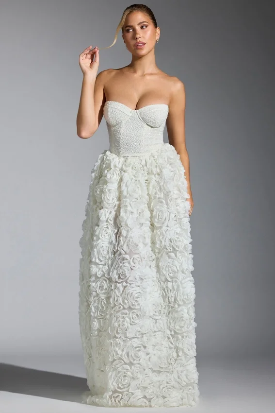 Camellia Embellished Floral-Appliqué Corset Gown in White Camellia Embellished Floral-Appliqué Corset Gown in White