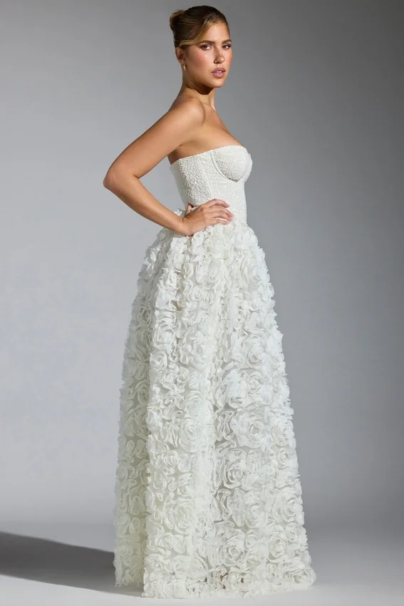 Camellia Embellished Floral-Appliqué Corset Gown in White Camellia Embellished Floral-Appliqué Corset Gown in White