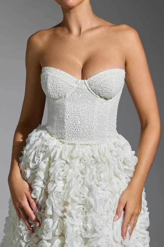 Camellia Embellished Floral-Appliqué Corset Gown in White Camellia Embellished Floral-Appliqué Corset Gown in White