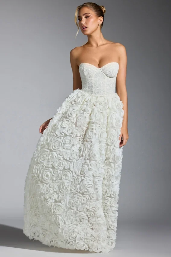 Camellia Embellished Floral-Appliqué Corset Gown in White Camellia Embellished Floral-Appliqué Corset Gown in White