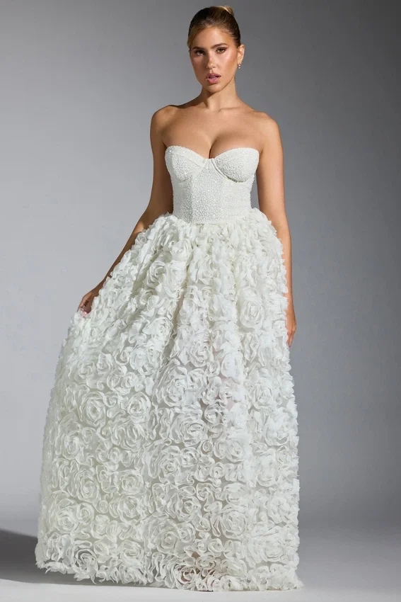 Camellia Embellished Floral-Appliqué Corset Gown in White Camellia Embellished Floral-Appliqué Corset Gown in White