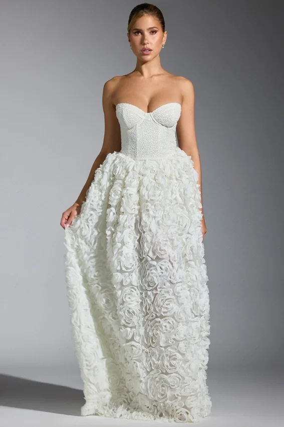 Camellia Embellished Floral-Appliqué Corset Gown in White Camellia Embellished Floral-Appliqué Corset Gown in White