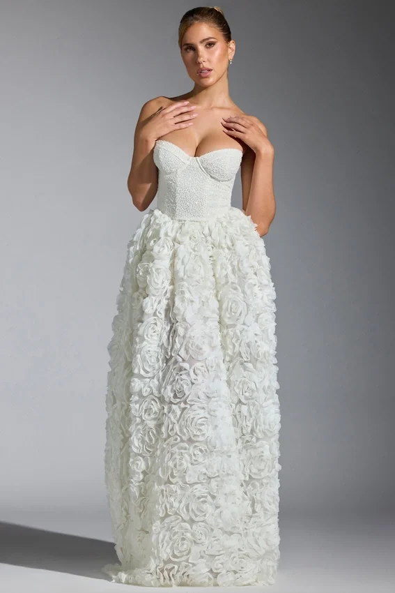 Camellia Embellished Floral-Appliqué Corset Gown in White Camellia Embellished Floral-Appliqué Corset Gown in White