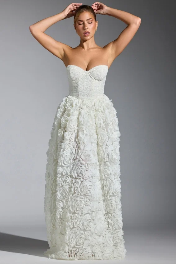 Camellia Embellished Floral-Appliqué Corset Gown in White Camellia Embellished Floral-Appliqué Corset Gown in White