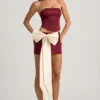 Carola Satin Bow-Detail Low-Rise Mini Skirt in Wine Red Carola Satin Bow-Detail Low-Rise Mini Skirt in Wine Red