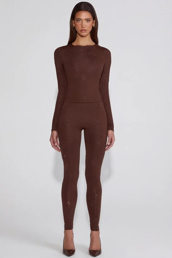Cassie Embellished Jersey High-Waisted Leggings in Chocolate Brown Cassie Embellished Jersey High-Waisted Leggings in Chocolate Brown