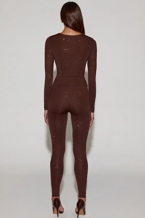 Cassie Embellished Jersey High-Waisted Leggings in Chocolate Brown Cassie Embellished Jersey High-Waisted Leggings in Chocolate Brown