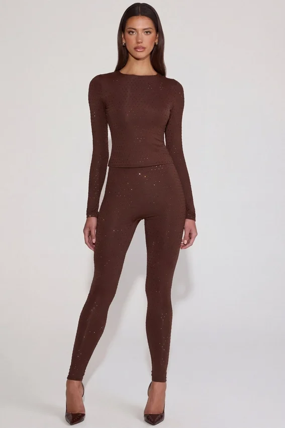Cassie Embellished Jersey High-Waisted Leggings in Chocolate Brown Cassie Embellished Jersey High-Waisted Leggings in Chocolate Brown