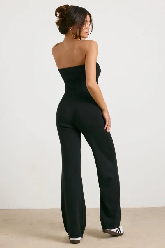 Chunky Knit Bandeau Kick Flare Jumpsuit in Black Chunky Knit Bandeau Kick Flare Jumpsuit in Black