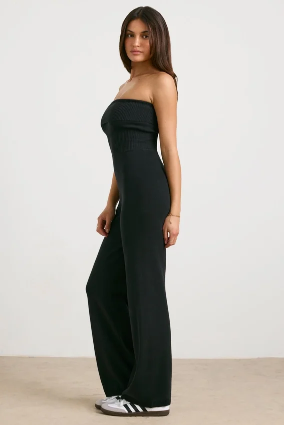 Chunky Knit Bandeau Kick Flare Jumpsuit in Black Chunky Knit Bandeau Kick Flare Jumpsuit in Black