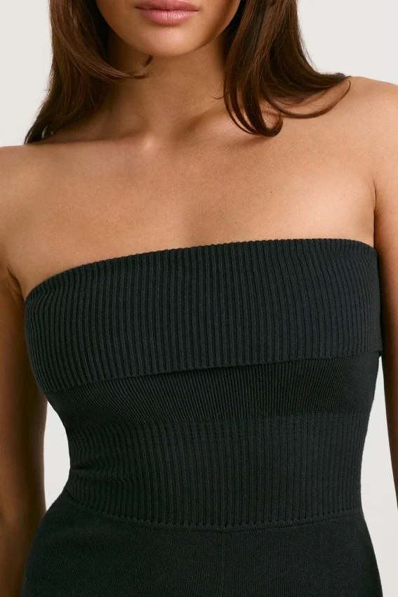 Chunky Knit Bandeau Kick Flare Jumpsuit in Black Chunky Knit Bandeau Kick Flare Jumpsuit in Black