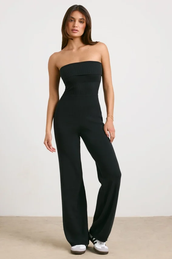 Chunky Knit Bandeau Kick Flare Jumpsuit in Black Chunky Knit Bandeau Kick Flare Jumpsuit in Black