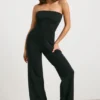 Chunky Knit Bandeau Kick Flare Jumpsuit in Black Chunky Knit Bandeau Kick Flare Jumpsuit in Black
