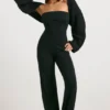 Chunky Knit Bandeau Kick Flare Jumpsuit in Black Chunky Knit Bandeau Kick Flare Jumpsuit in Black