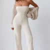 Chunky Knit Bandeau Kick Flare Jumpsuit in Cream Chunky Knit Bandeau Kick Flare Jumpsuit in Cream