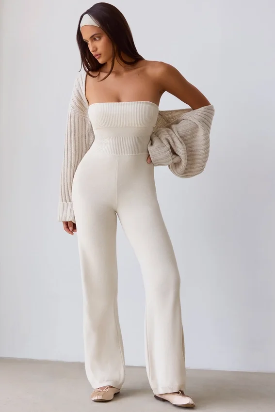 Chunky Knit Bandeau Kick Flare Jumpsuit in Cream Chunky Knit Bandeau Kick Flare Jumpsuit in Cream