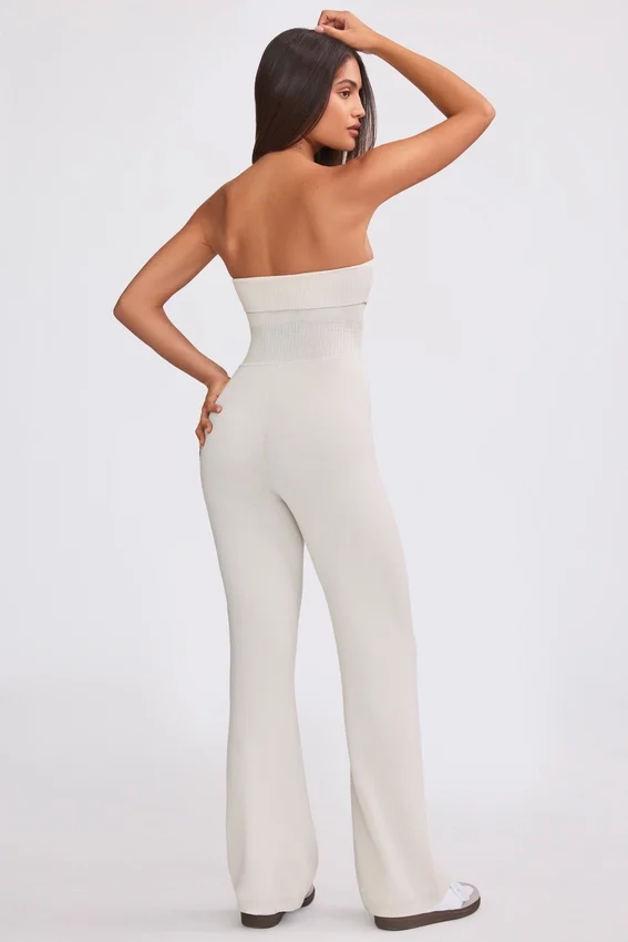 Chunky Knit Bandeau Kick Flare Jumpsuit in Cream Chunky Knit Bandeau Kick Flare Jumpsuit in Cream