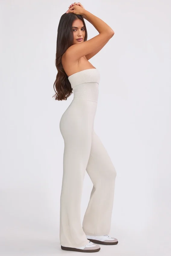 Chunky Knit Bandeau Kick Flare Jumpsuit in Cream Chunky Knit Bandeau Kick Flare Jumpsuit in Cream