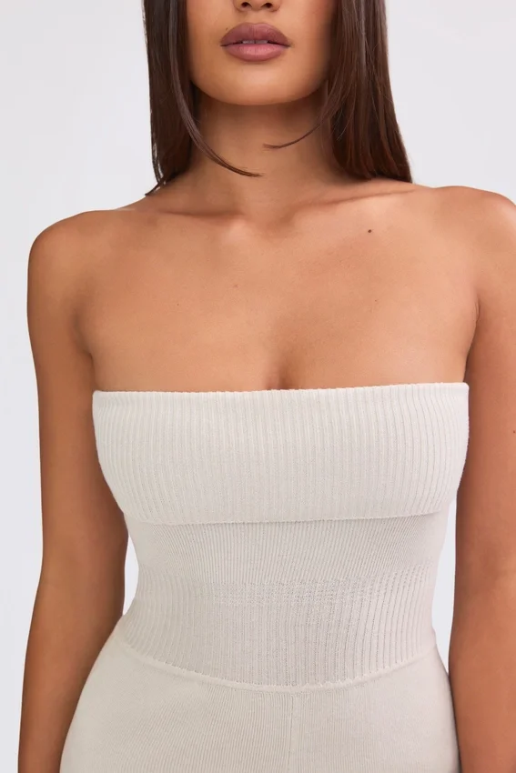 Chunky Knit Bandeau Kick Flare Jumpsuit in Cream Chunky Knit Bandeau Kick Flare Jumpsuit in Cream